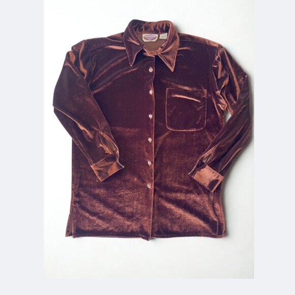 Vintage 90s Velvet Button Down Shirt Brown Oversized Casualaire Size M - Picture 3 of 6